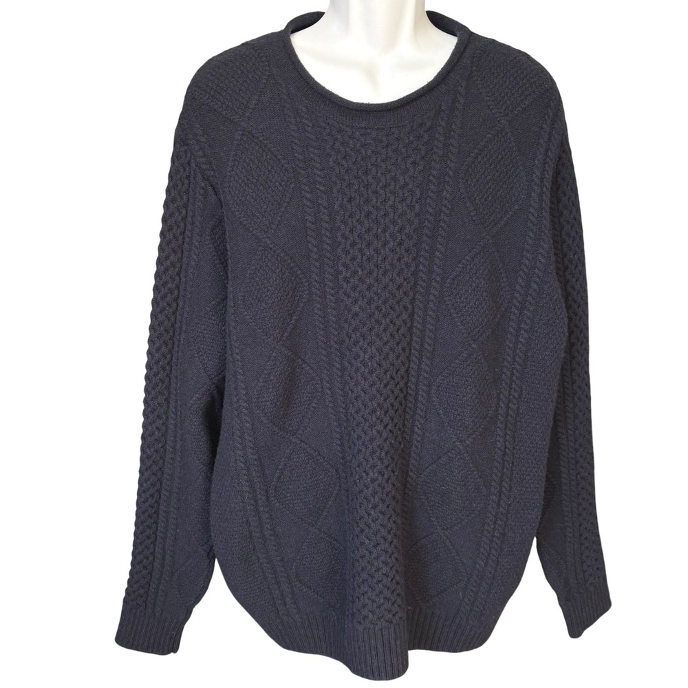 Nordstrom Lambswool Fisherman Sweater Sz XL Navy Blue Cable Knit Aran